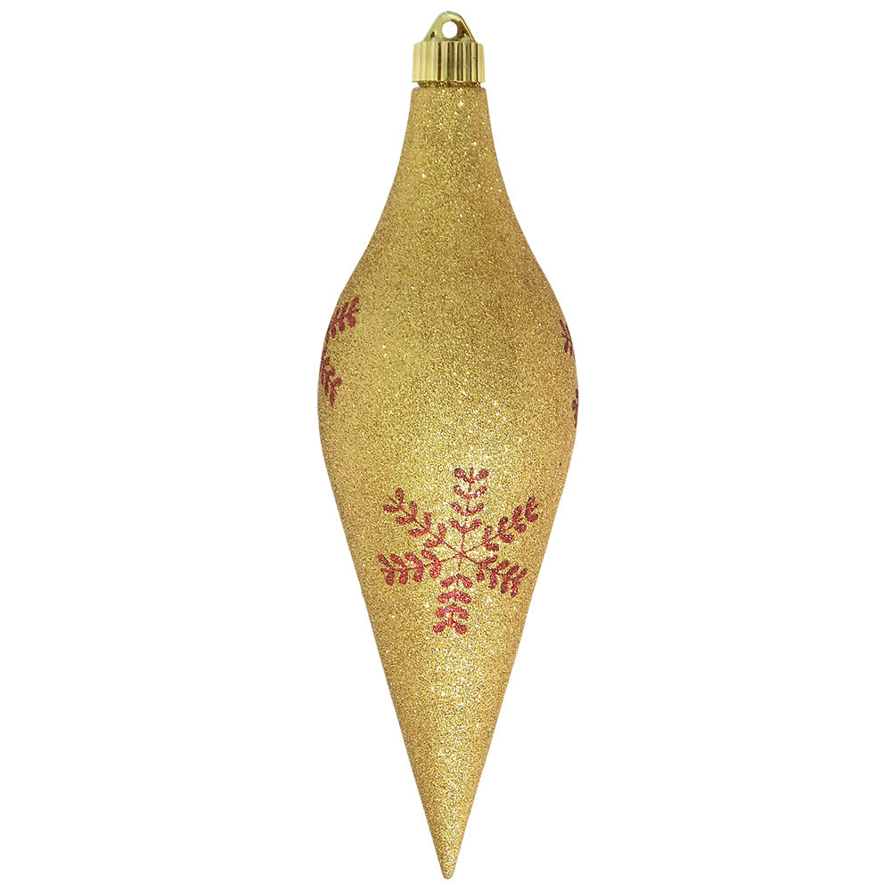 12 2/3" (320mm) Large Commercial Shatterproof Drop Ornaments, Gold Glitter with Red Leafy Flakes, Case, 12 Pieces