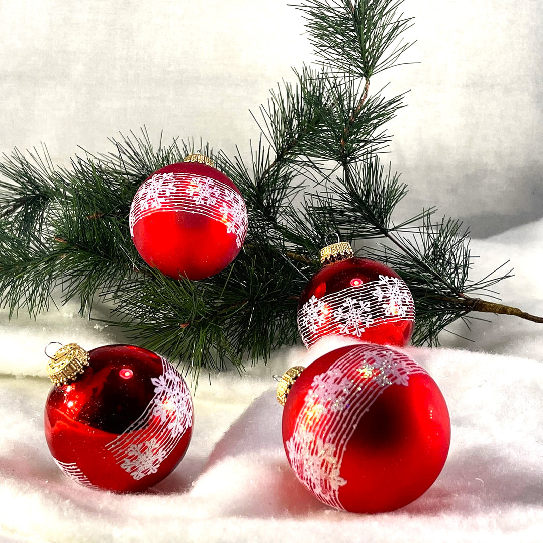 2 5/8" (67mm) Glass Ball Ornaments, Brilliant Red Shine / Velvet with Blowing Snow, 4/Box, 12/Case, 48 Pieces