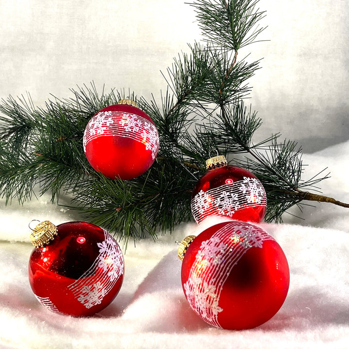 2 5/8" (67mm) Glass Ball Ornaments, Brilliant Red Shine / Velvet with Blowing Snow, 4/Box, 12/Case, 48 Pieces