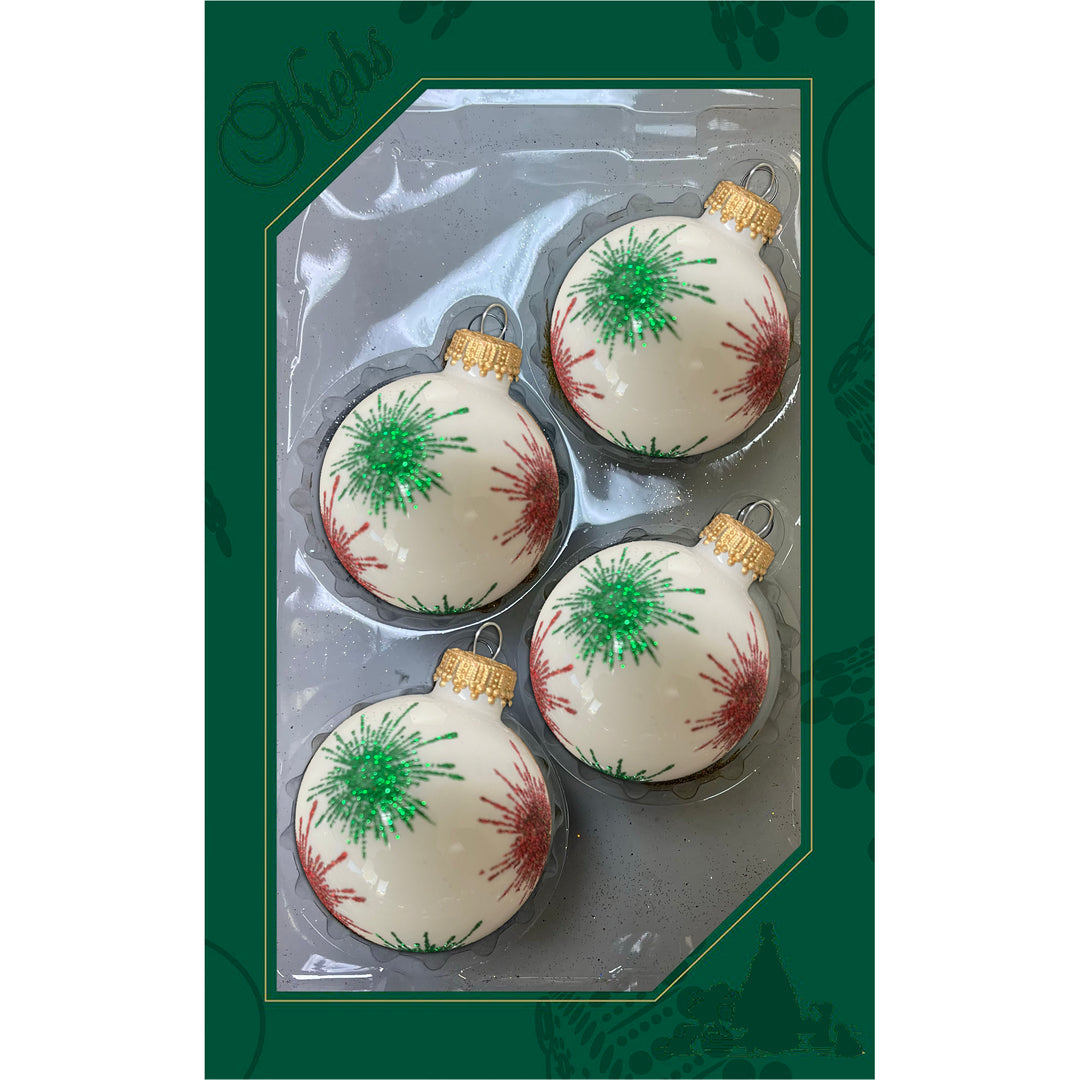 2 5/8" (67mm) Glass Ball Ornaments, Porcelain White with Green and Red Starlight with Gold Crown Cap, 4/Box, 12/Case, 48 Pieces