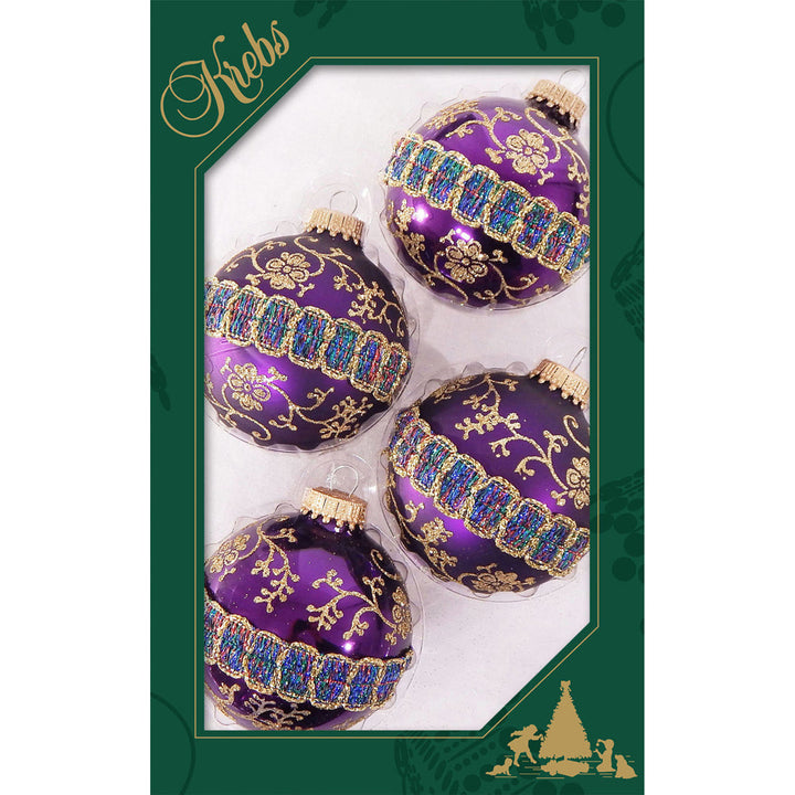 2 5/8" (67mm) Ball Ornaments Magenta Purple / Plum Velvet, Glitterlace and Braid, 4/Box, 12/Case, 48 Pieces