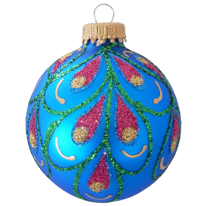2 5/8" (67mm) Ball Ornaments, Glitter Peacock Drapes, Asst Brights, 4/Box, 12/Case, 48 Pieces