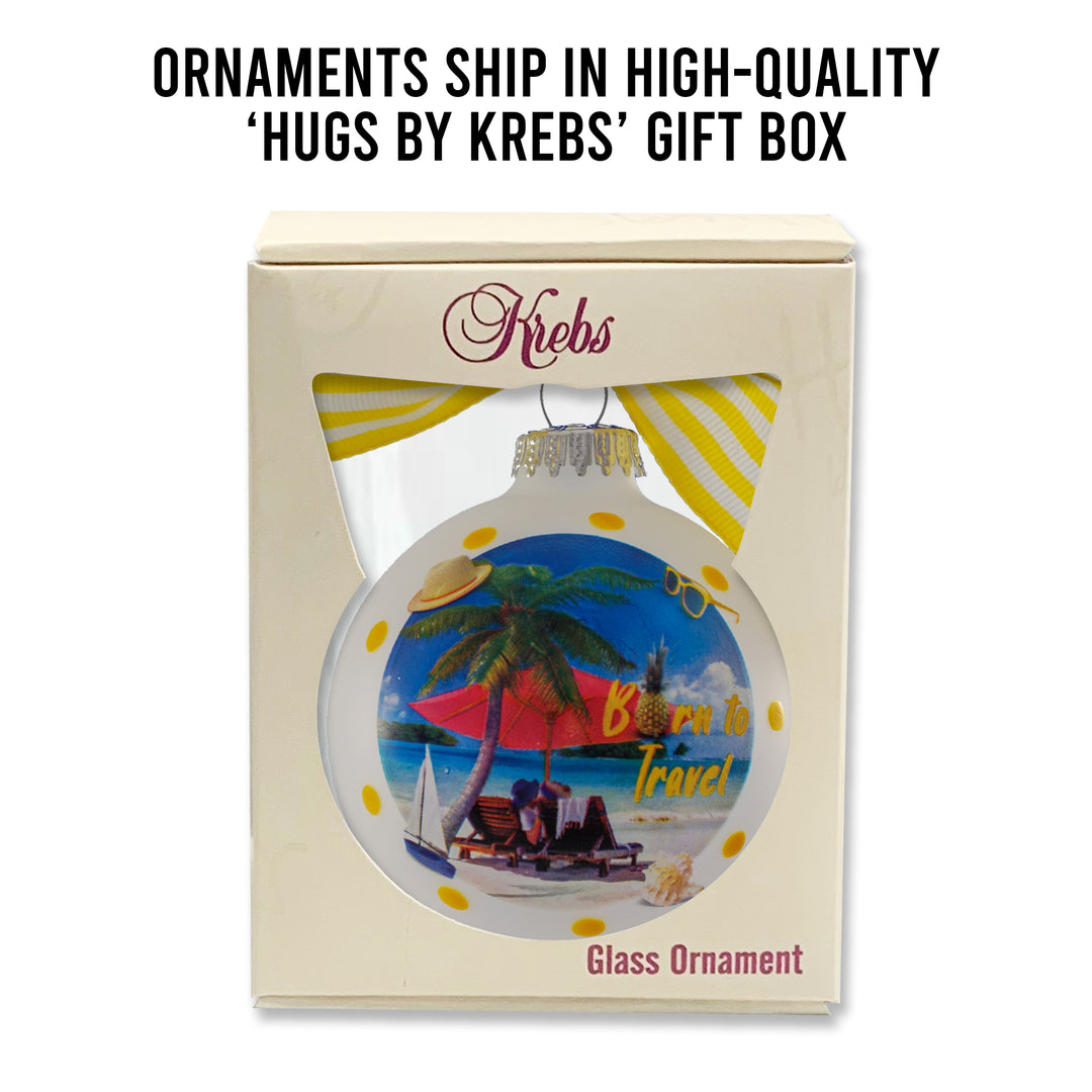 3 1/4" (80mm) Hugs - Frost 3 1/4" (80mm) Glass Ball Ornament with Born to Travel Beach. 12 Pieces per Case
