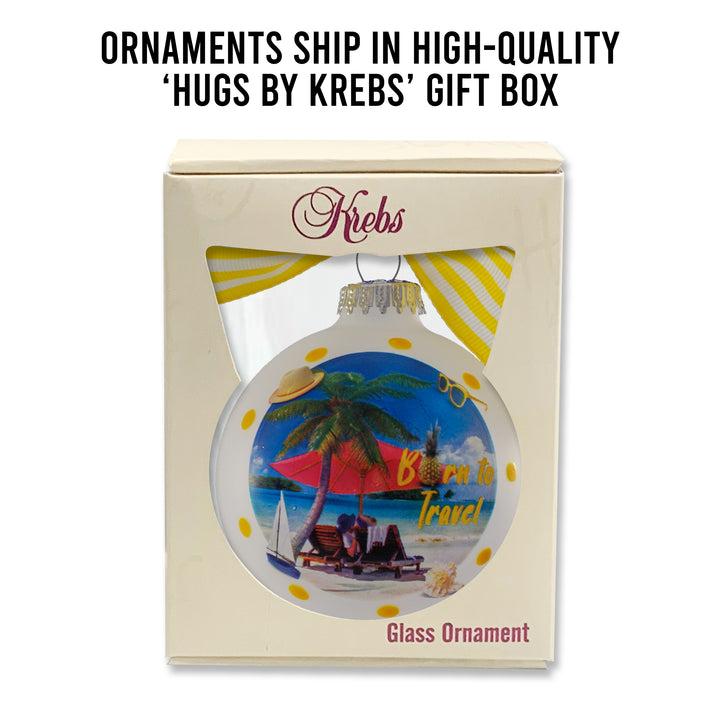 3 1/4" (80mm) Hugs - Frost 3 1/4" (80mm) Glass Ball Ornament with Born to Travel Beach. 12 Pieces per Case