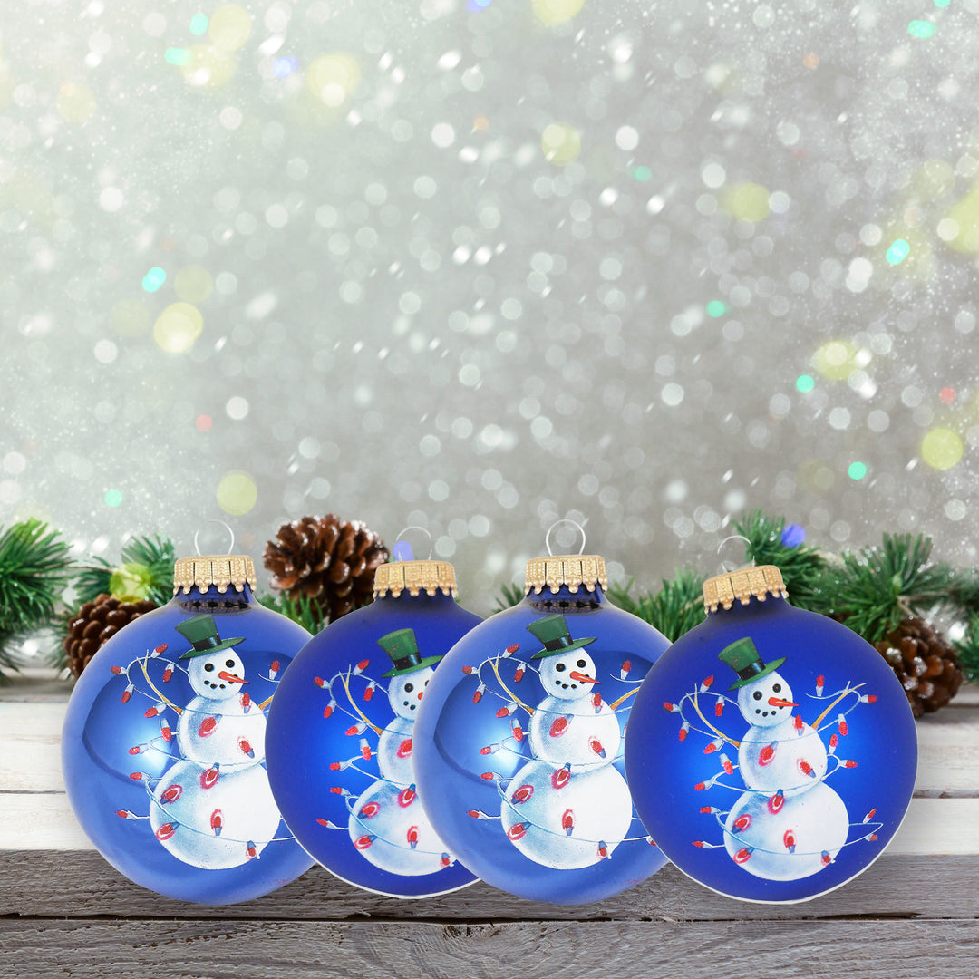 2 5/8" (67mm) Glass Ball Ornaments, Victoria Blue / Royal Velvet with Snowman Tangled in Lights, 4/Box, 12/Case, 48 Pieces