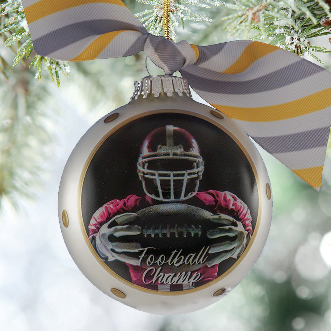 3 1/4" (80mm) Personalizable Hugs Specialty Gift Ornaments, Sterling Silver Glass Ball with Football Champ