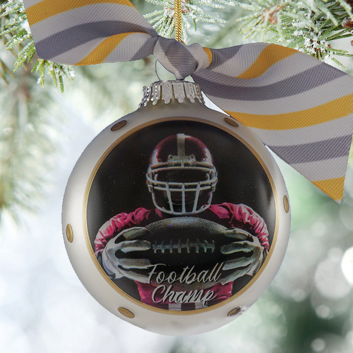 3 1/4" (80mm) Personalizable Hugs Specialty Gift Ornaments, Sterling Silver Glass Ball with Football Champ