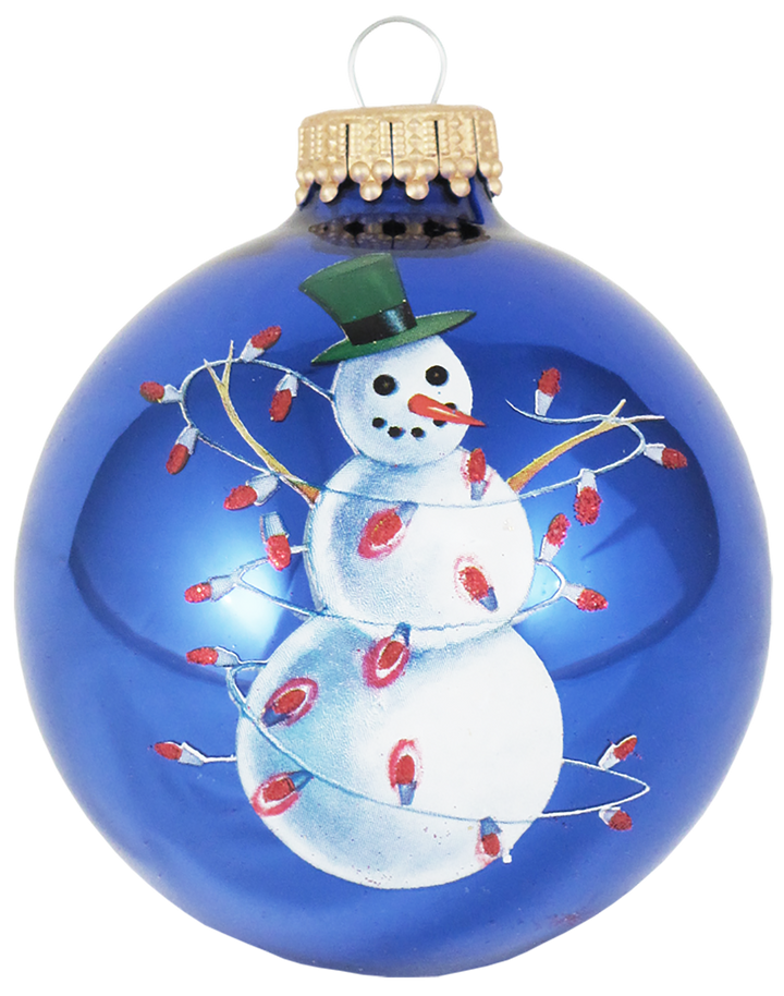 2 5/8" (67mm) Glass Ball Ornaments, Victoria Blue / Royal Velvet with Snowman Tangled in Lights, 4/Box, 12/Case, 48 Pieces