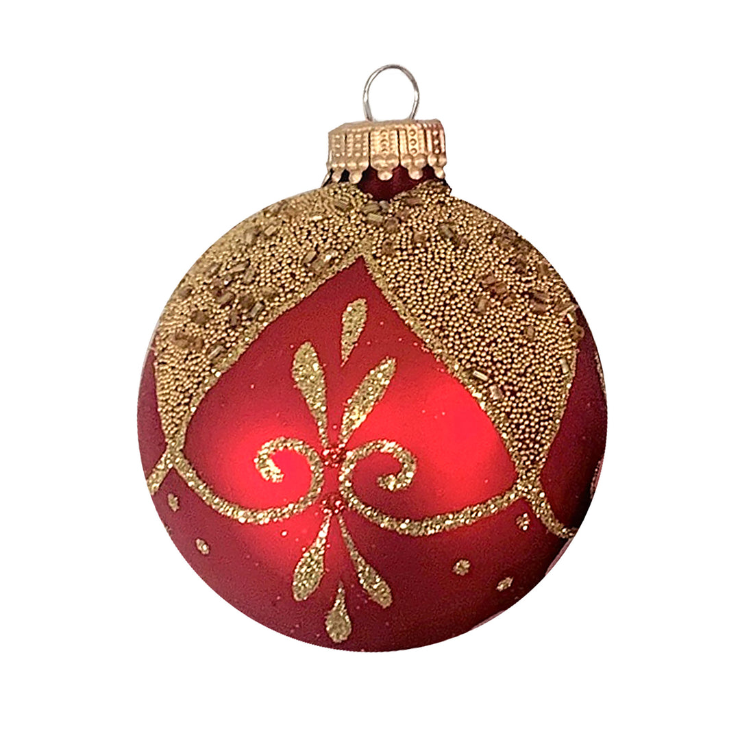 2 5/8" (67mm) Glass Ball Ornaments, Red Velvet - Gold Floral Drapes, 4/Box, 12/Case, 48 Pieces