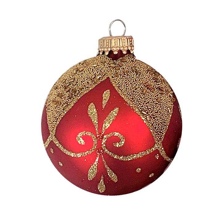 2 5/8" (67mm) Glass Ball Ornaments, Red Velvet - Gold Floral Drapes, 4/Box, 12/Case, 48 Pieces