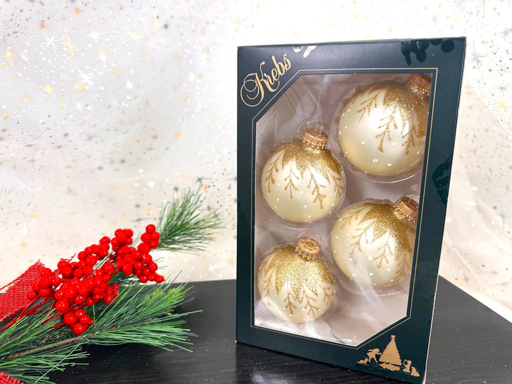 2 5/8" (67mm) Ball Ornaments, Vanilla Ice Velvet with Hanging Branches, Gold Crown Caps - 4/Box, 12/Case, 48 Pieces