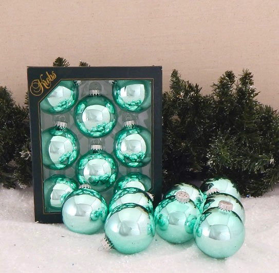 2 5/8" (67mm) Ball Ornaments, Gold Caps, Seafoam Shine, 8/Box, 12/Case, 96 Pieces