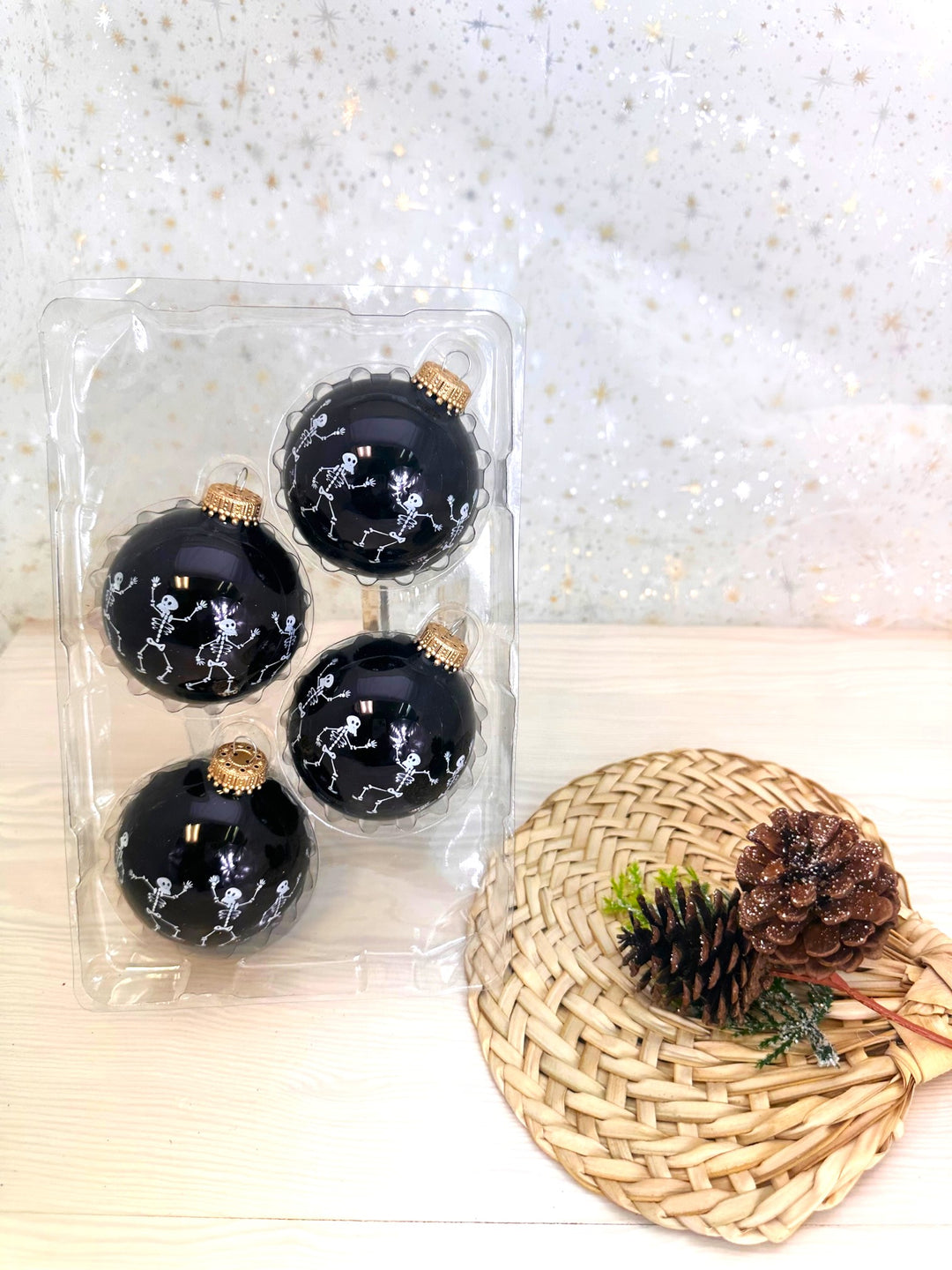 2 5/8" (67mm) Halloween Ball Ornaments Solid Ebony Shine with Dancing Skeletons 4/Box, 12/Case, 48 Pieces