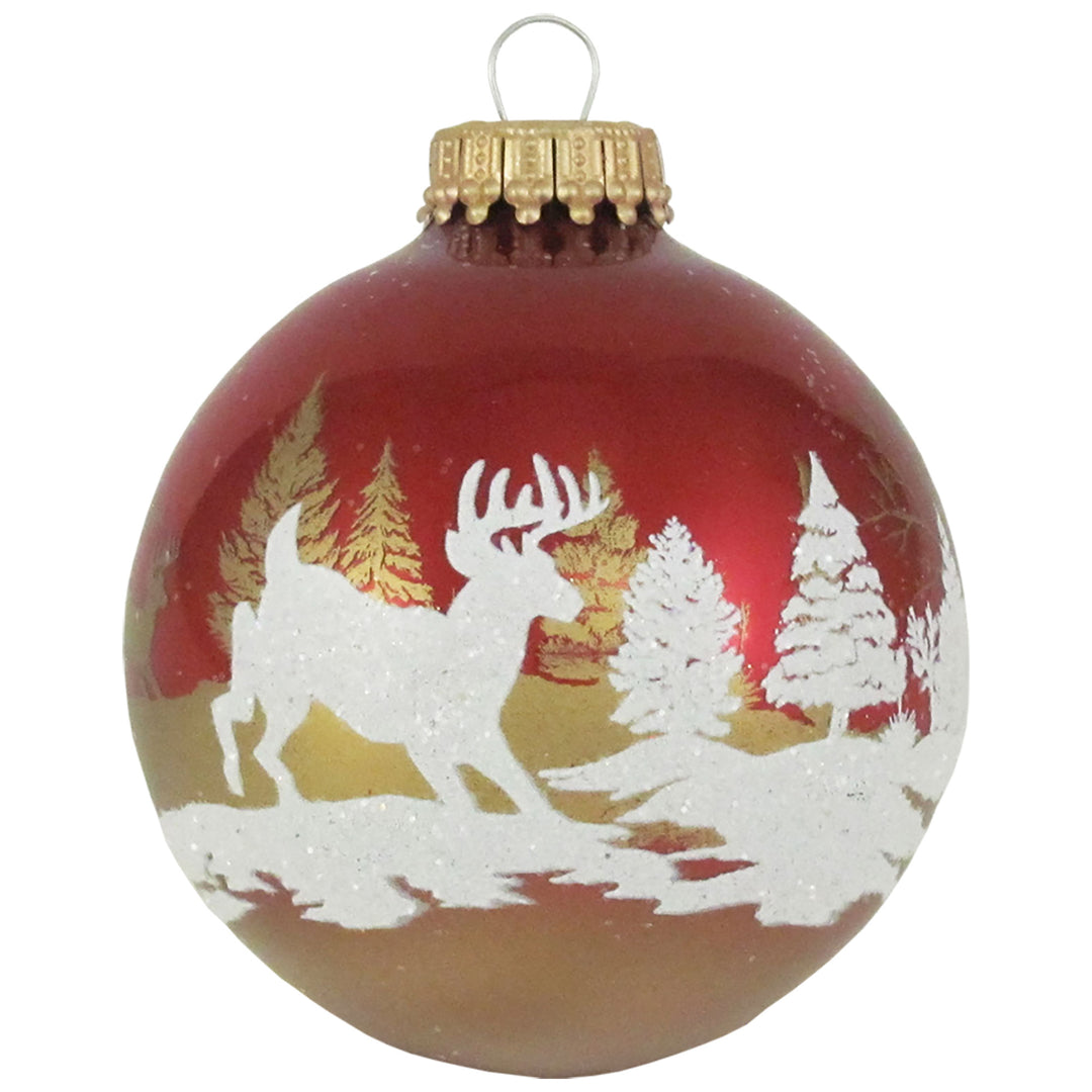 2 5/8" (67mm) Glass Ball Ornaments, Ribbon Red with Winter Deer Scene, 4/Box, 12/Case, 48 Pieces