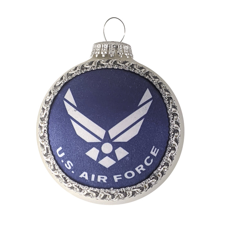 3 1/4" (80mm) Glass Ball Ornaments, Silver Pearl - Silk Air Force Logo and Hymn, 1/Box, 12/Case, 12 Pieces