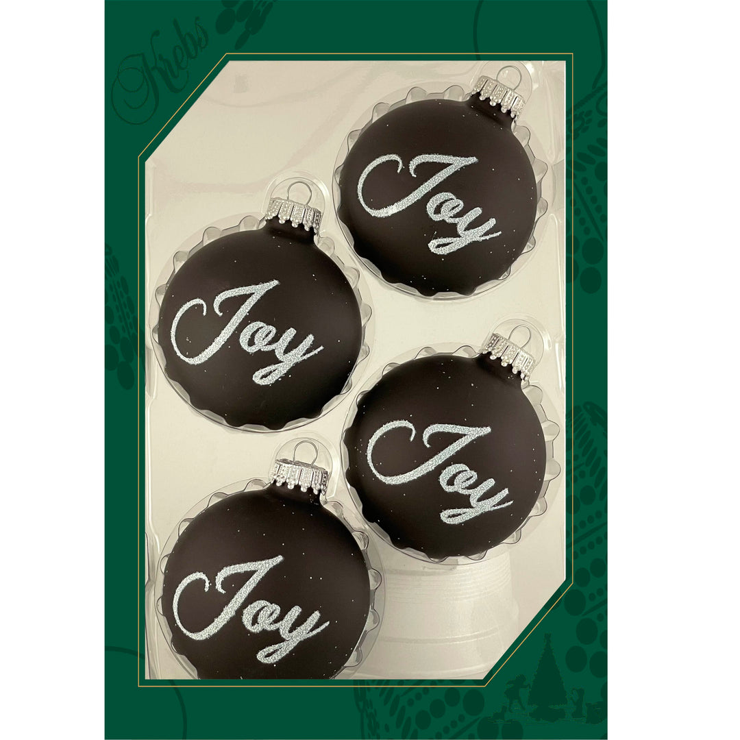 2 5/8" (67mm) Glass Ball Ornaments, Ebony Velvet - Silver Glitter Joy Text, 4/Box, 12/Case, 48 Pieces