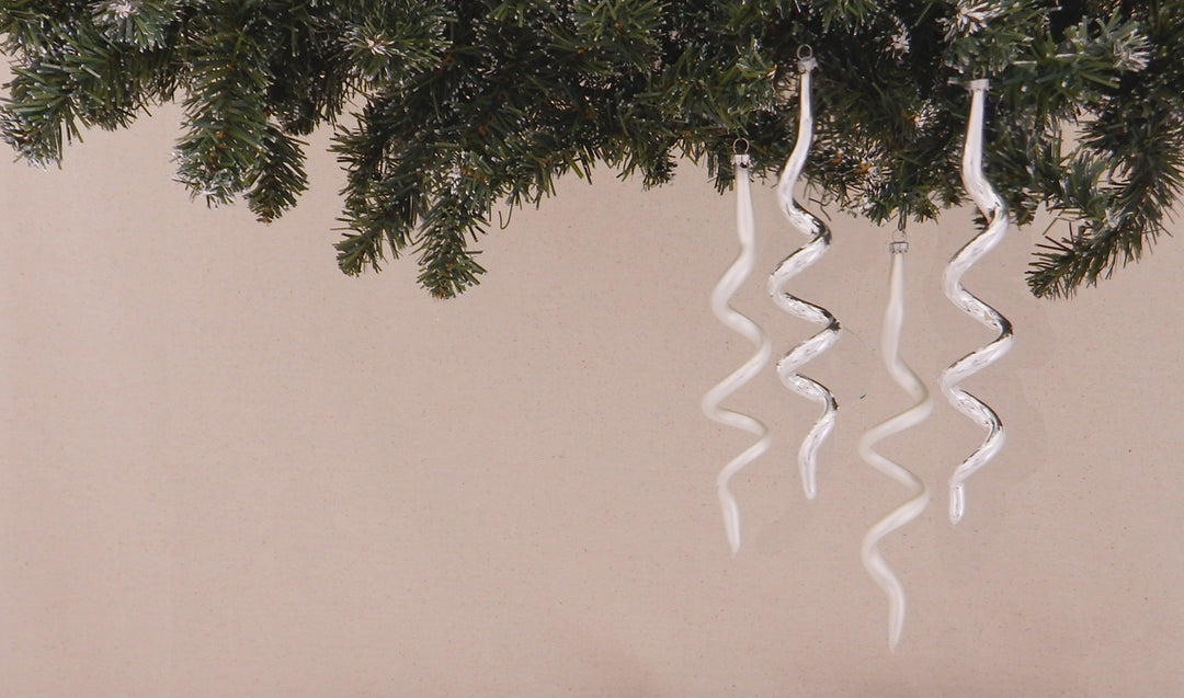 7 1/2" (191mm) Boxed Glass Corkscrew Ornaments, Bright Silver | Silver Pearl, 4/Box, 12/Case, 48 Pieces