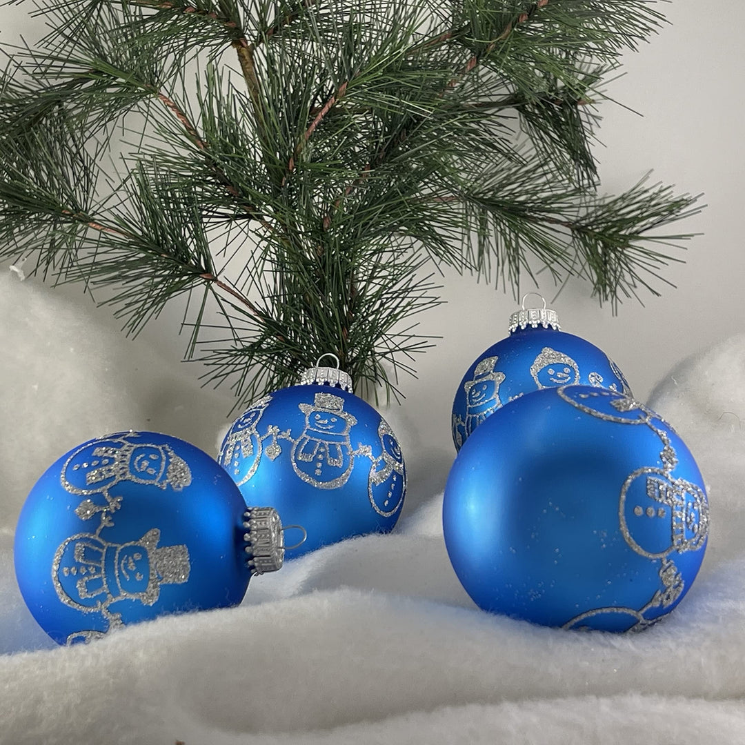 2 5/8" (67mm) Glass Ball Ornaments, Classic Blue Velvet with Silver Glitter Snowman Band, 4/Box, 12/Case, 48 Pieces