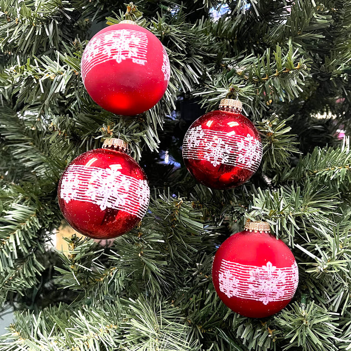 2 5/8" (67mm) Glass Ball Ornaments, Brilliant Red Shine / Velvet with Blowing Snow, 4/Box, 12/Case, 48 Pieces