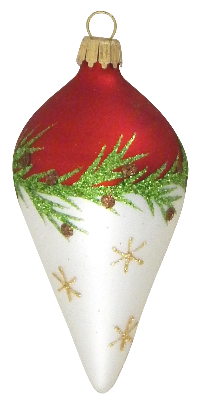 2 5/8" (67mm) Glass Balls /4" Drop Shape, Bi-Color Red Velvet / Silver Pearl with Pine Branches and Stars, 4/Box, 12/Case, 48 Pieces