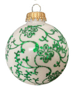 2 5/8" (67mm) Glass Ball Ornaments, Porcelain White with Green Floral Glitterlace, 4/Box, 12/Case, 48 Pieces