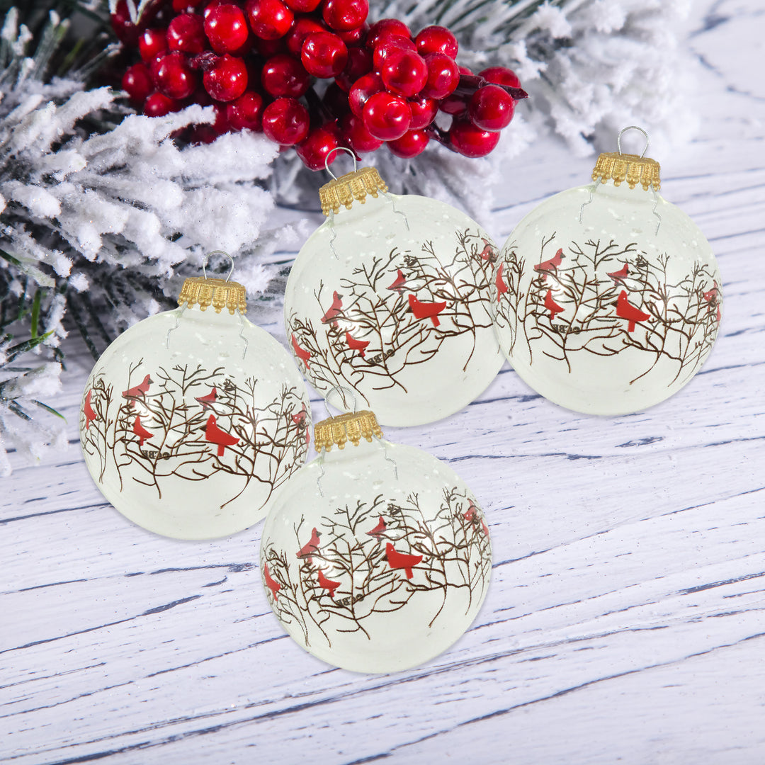 2 5/8" (67mm) Glass Ball Ornaments, Clear - Branches and Cardinals, 4/Box, 12/Case, 48 Pieces