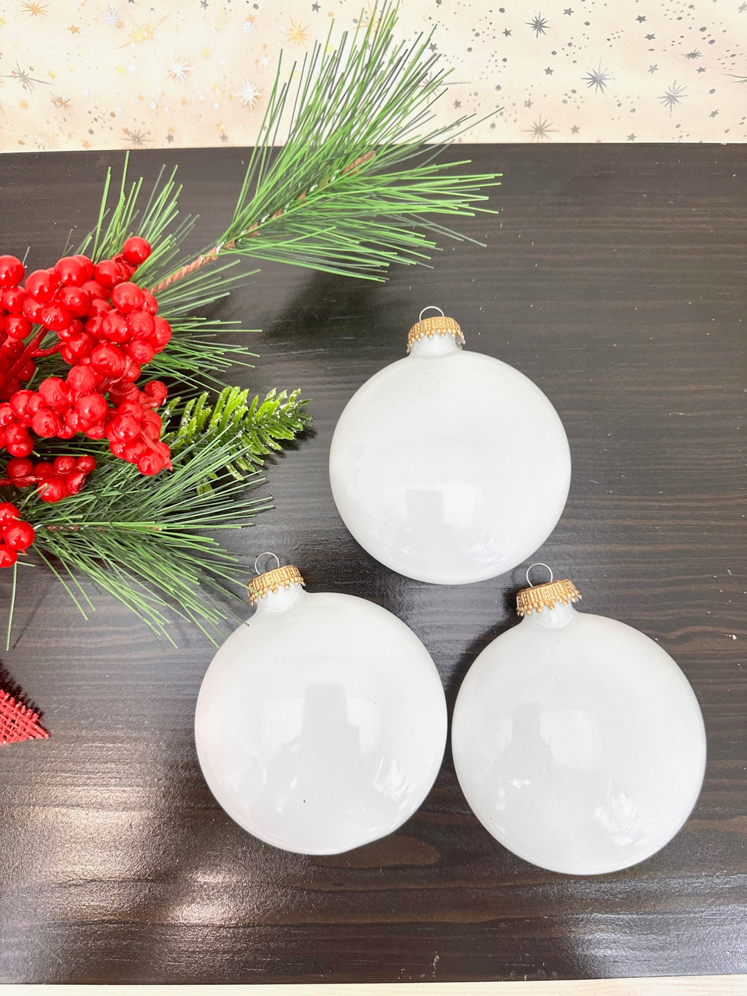 3" (76mm) Glass Disc Ornaments, Porcelain White with Gold Crown Caps, 3/Box, 24/Case, 72 Pieces
