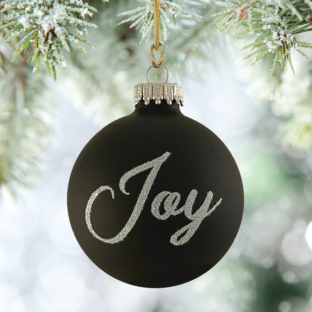 2 5/8" (67mm) Glass Ball Ornaments, Ebony Velvet - Silver Glitter Joy Text, 4/Box, 12/Case, 48 Pieces