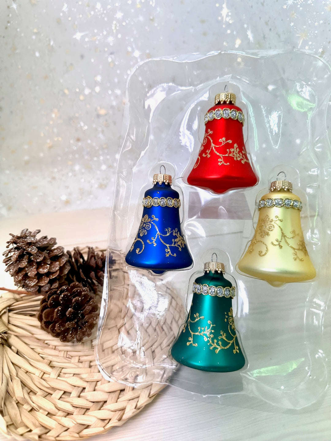 3" (76mm) Flame Red / Gold Velvet / Navy Velvet / Green Velvet Glass Bell Ornaments, Multicolor, 4/Box, 12/Case, 48 Pieces