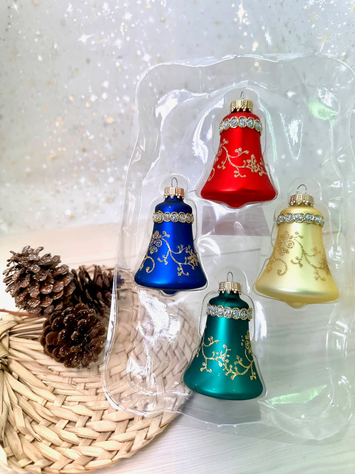 3" (76mm) Flame Red / Gold Velvet / Navy Velvet / Green Velvet Glass Bell Ornaments, Multicolor, 4/Box, 12/Case, 48 Pieces