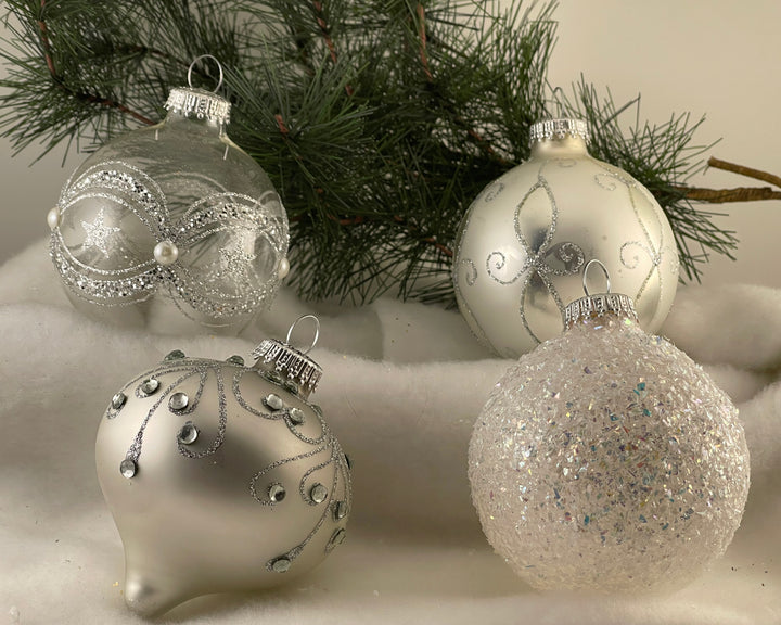 3 1/4" (80mm) Clear Silver Highly Decorated Ornament Set, Clear/Silver, 9/Box, 6/Case, 54 Pieces