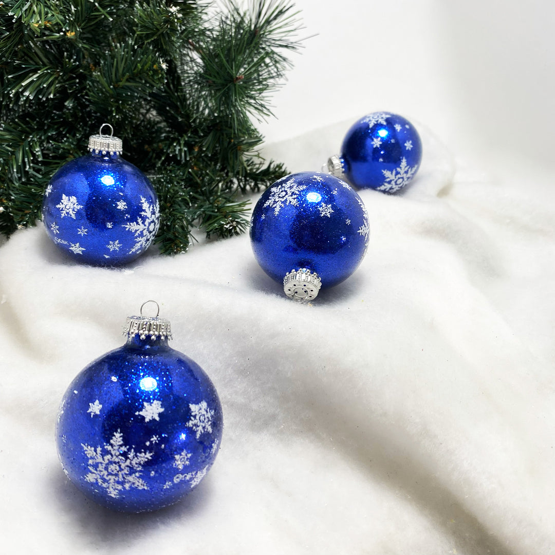 2 5/8" (67mm) Glass Ball Ornaments, Dark Blue Sparkle with White Big Snowflakes, 4/Box, 12/Case, 48 Pieces