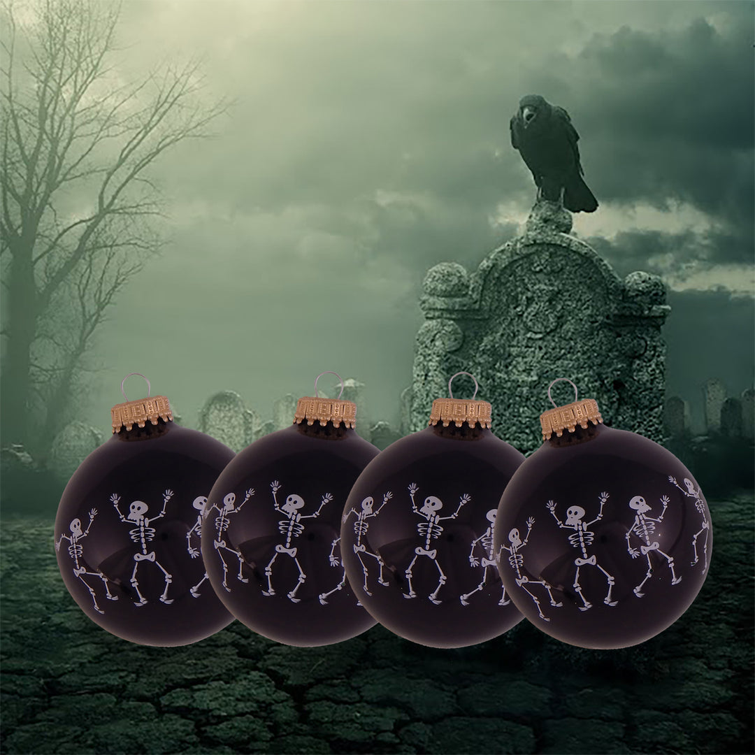 2 5/8" (67mm) Halloween Ball Ornaments Solid Ebony Shine with Dancing Skeletons 4/Box, 12/Case, 48 Pieces
