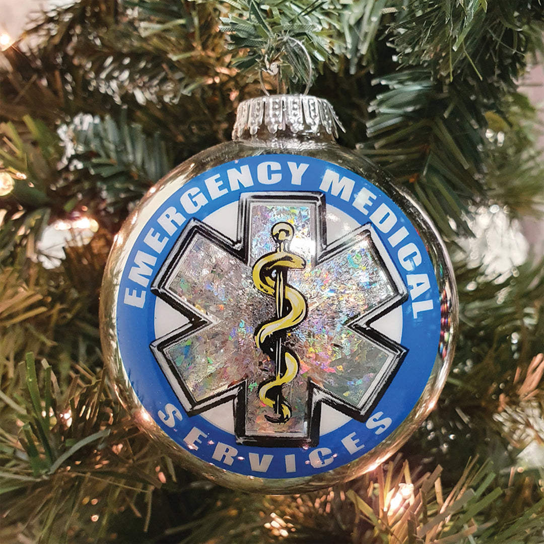 3 1/4" (80mm) Bright Silver Glass Ball Ornaments, First Responder EMS Logo, 1/Box, 12/Case, 12 Pieces