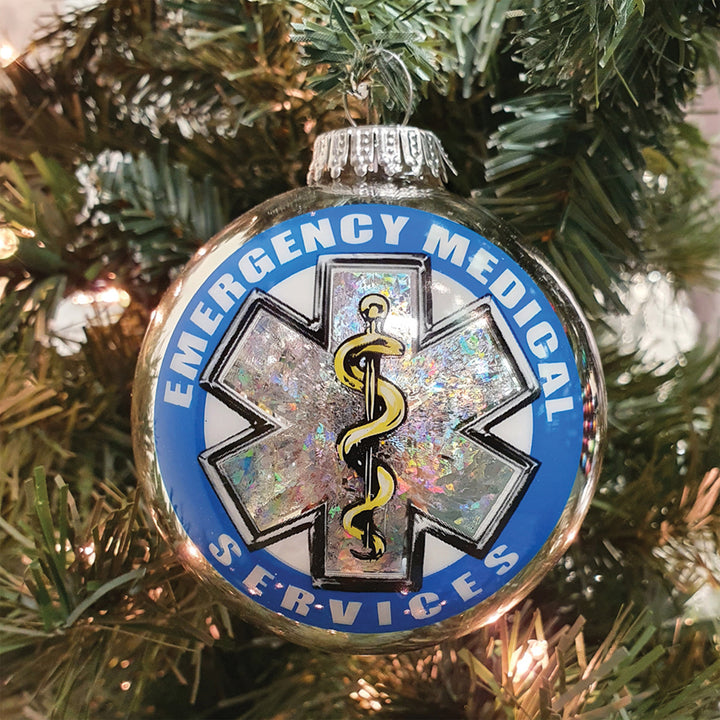 3 1/4" (80mm) Bright Silver Glass Ball Ornaments, First Responder EMS Logo, 1/Box, 12/Case, 12 Pieces