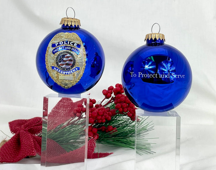 3 1/4" (80mm) Victoria Blue Glass Ball Ornaments, First Responder Police Logo, 1/Box, 12/Case, 12 Pieces