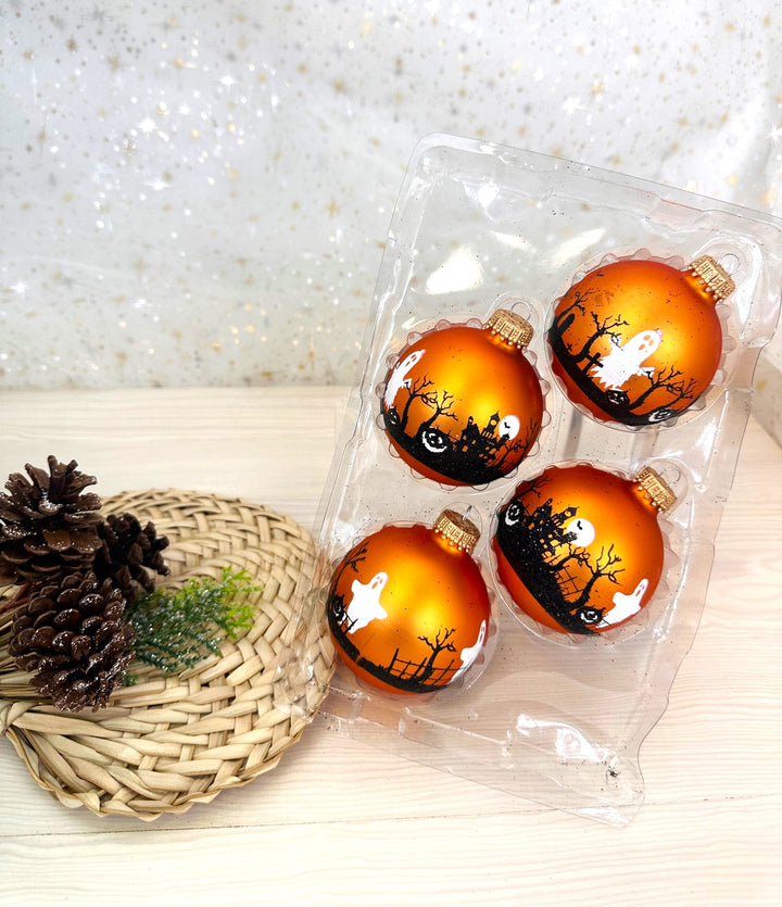 2 5/8" (67mm) Halloween Ball Ornaments Solid Wildfire Velvet with Graveyard Scenes 4/Box, 12/Case, 48 Pieces