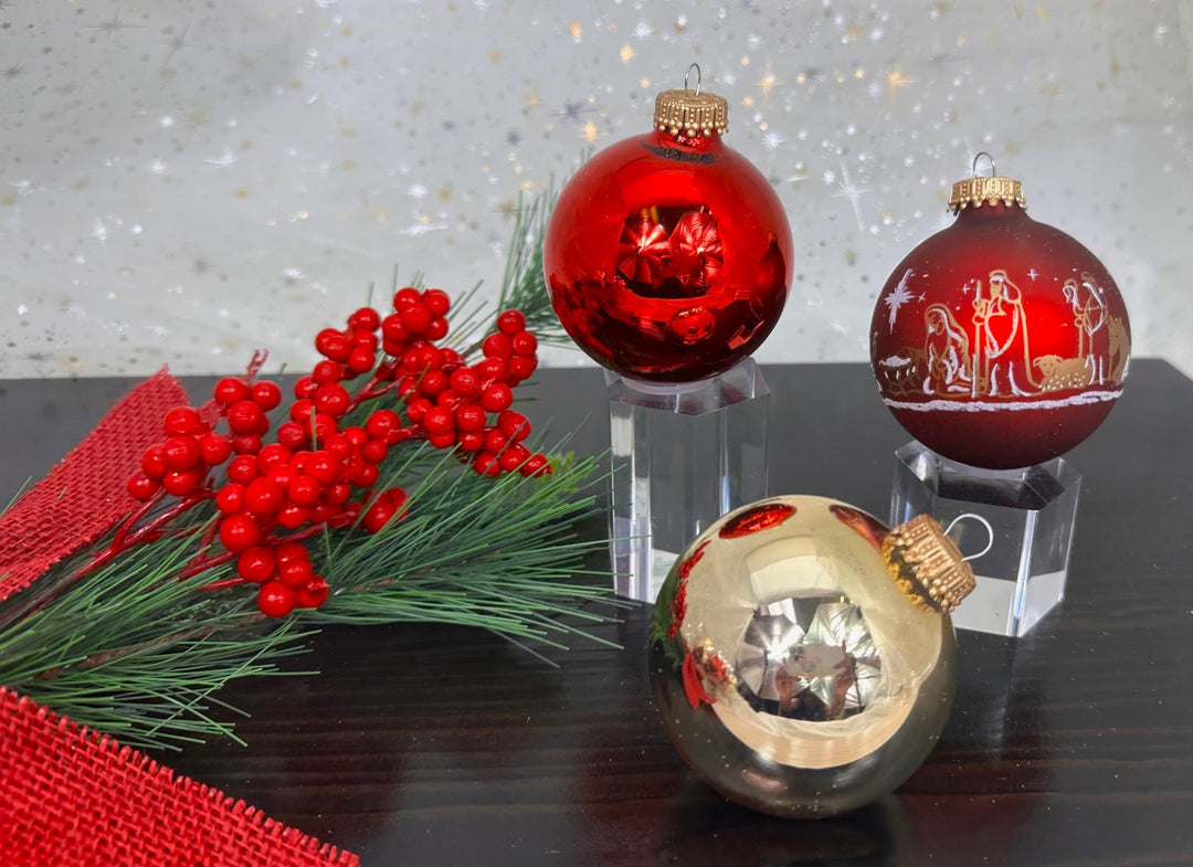 2 5/8" (67mm) Red and Gold Glass Ball Variety Set Decorated with Nativity Scene, 12/Box, 12/Case, 144 Pieces