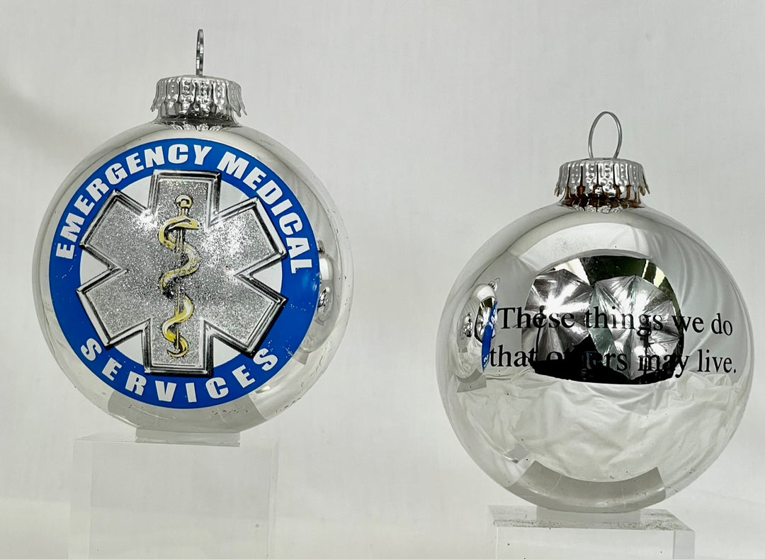 3 1/4" (80mm) Bright Silver Glass Ball Ornaments, First Responder EMS Logo, 1/Box, 12/Case, 12 Pieces