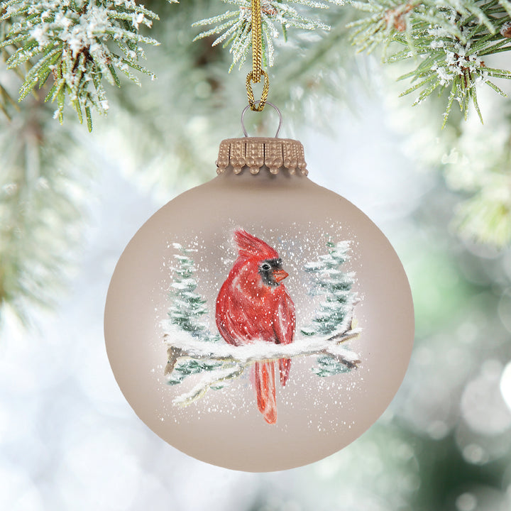 2 5/8" (67mm) Glass Ball Ornaments, Oyster Velvet - Watercolor Cardinal, 4/Box, 12/Case, 48 Pieces