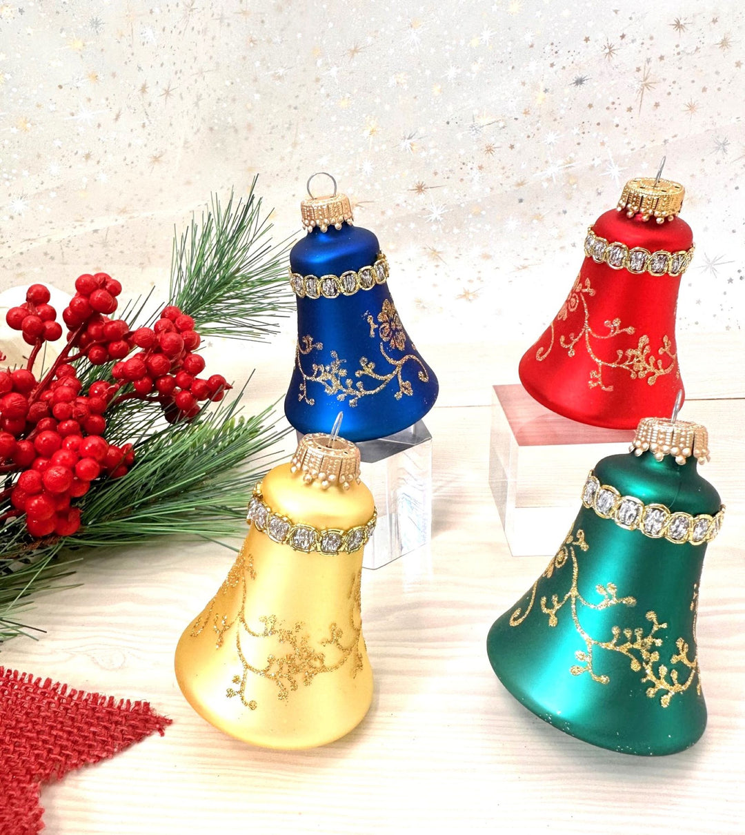 3" (76mm) Flame Red / Gold Velvet / Navy Velvet / Green Velvet Glass Bell Ornaments, Multicolor, 4/Box, 12/Case, 48 Pieces