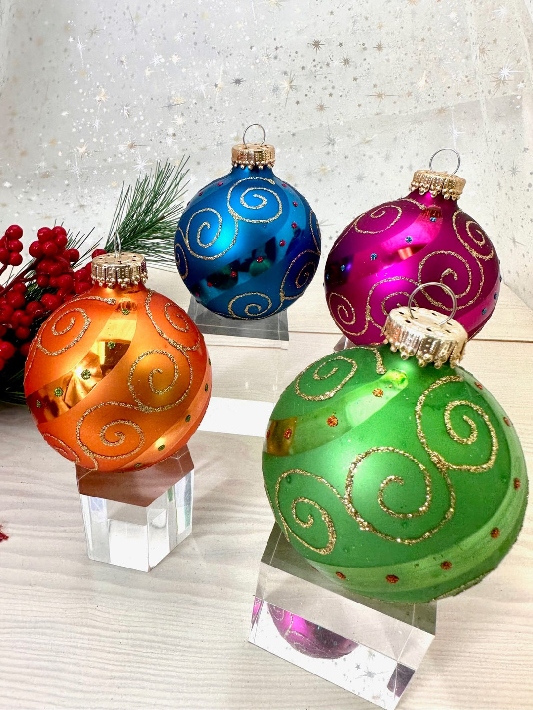 2 5/8" (67mm) Glass Ball Ornaments, Candy Brights with Dotted Swirls and Scrolls, 4/Box, 12/Case, 48 Pieces