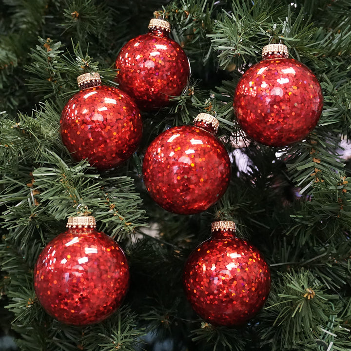 2 5/8" (67mm) Glass Ball Ornaments, Crimson Spangle, 6/Box, 12/Case, 72 Pieces
