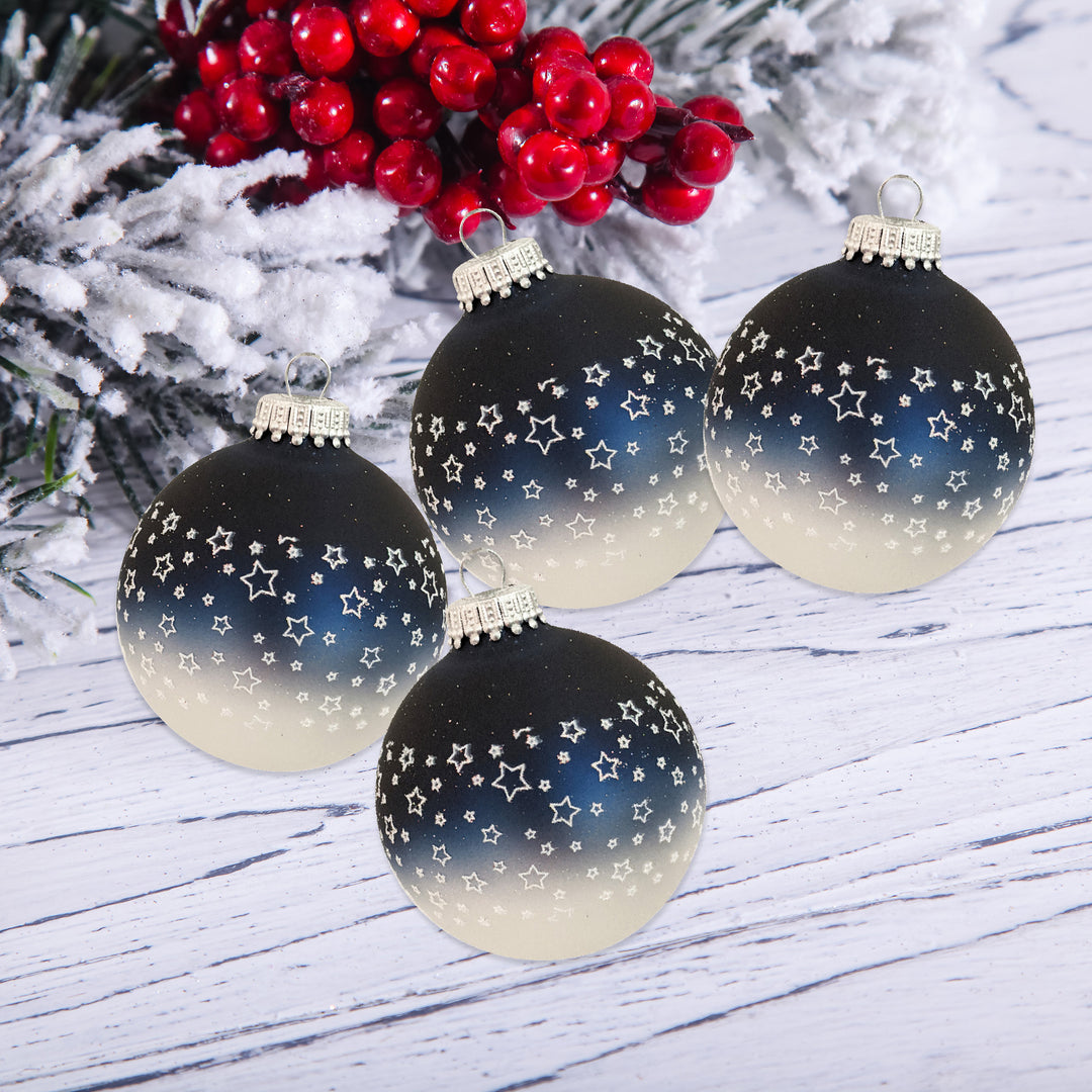 2 5/8" (67mm) Glass Ball Ornaments, Bi-Color Midnight Haze Top / Silver Pearl Bottom - White Glitter Star Band, 4/Box, 12/Case, 48 Pieces