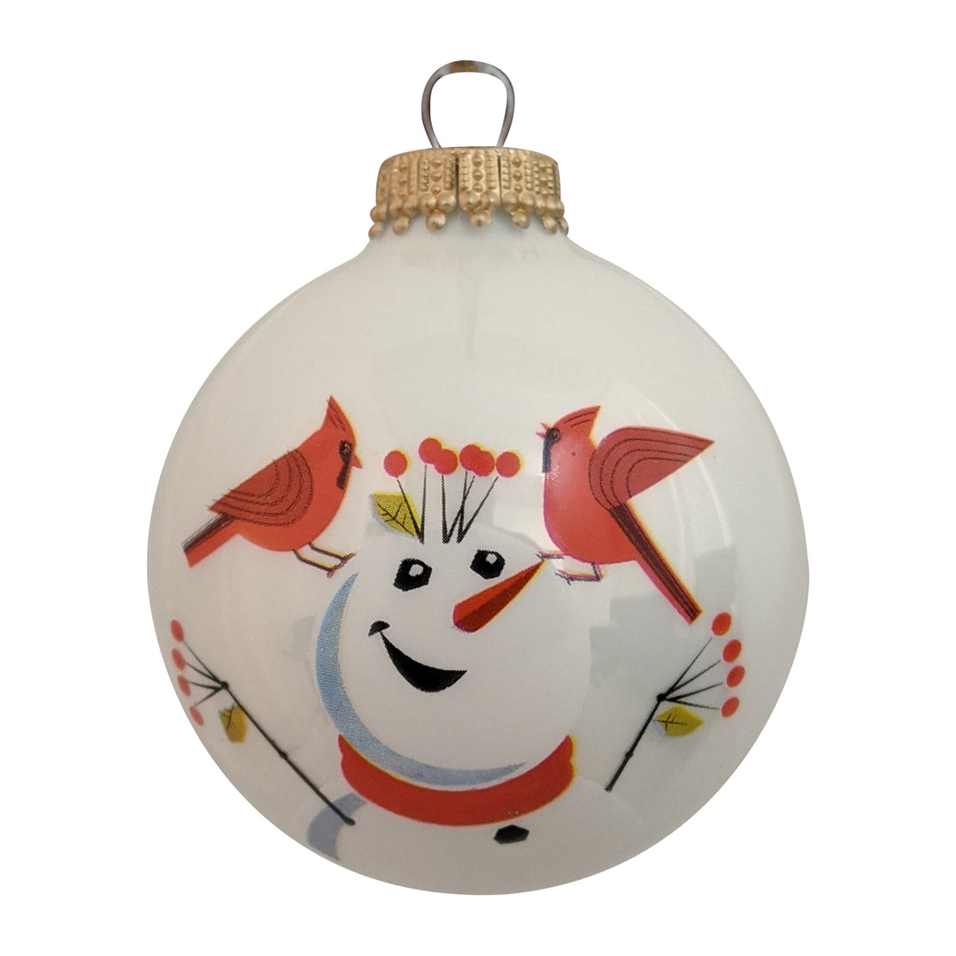 2 5/8" (67mm) Glass Ball Ornaments, Porcelain White - Snowman and Red Cardinals, 4/Box, 12/Case, 48 Pieces