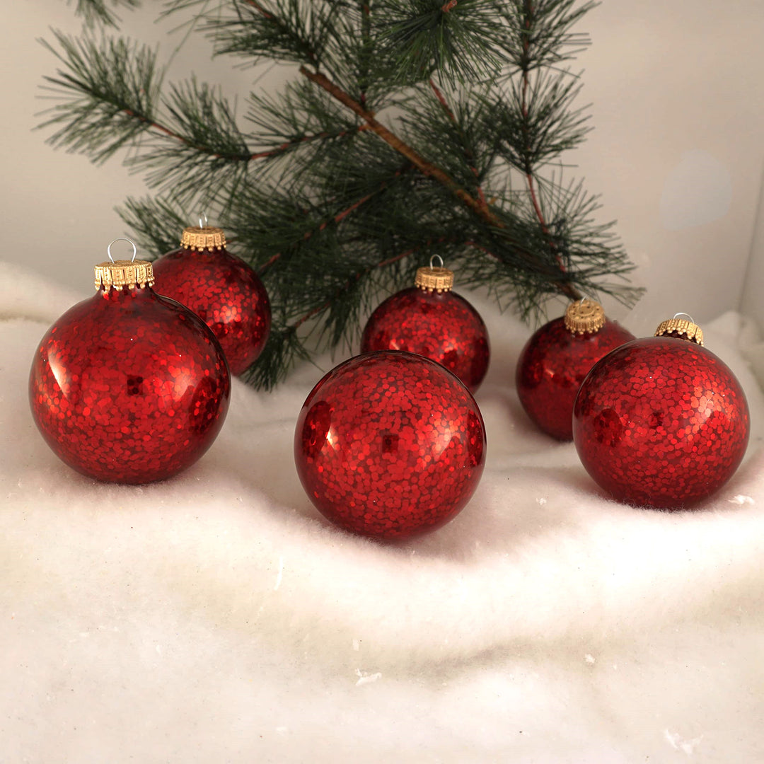 2 5/8" (67mm) Glass Ball Ornaments, Crimson Spangle, 6/Box, 12/Case, 72 Pieces