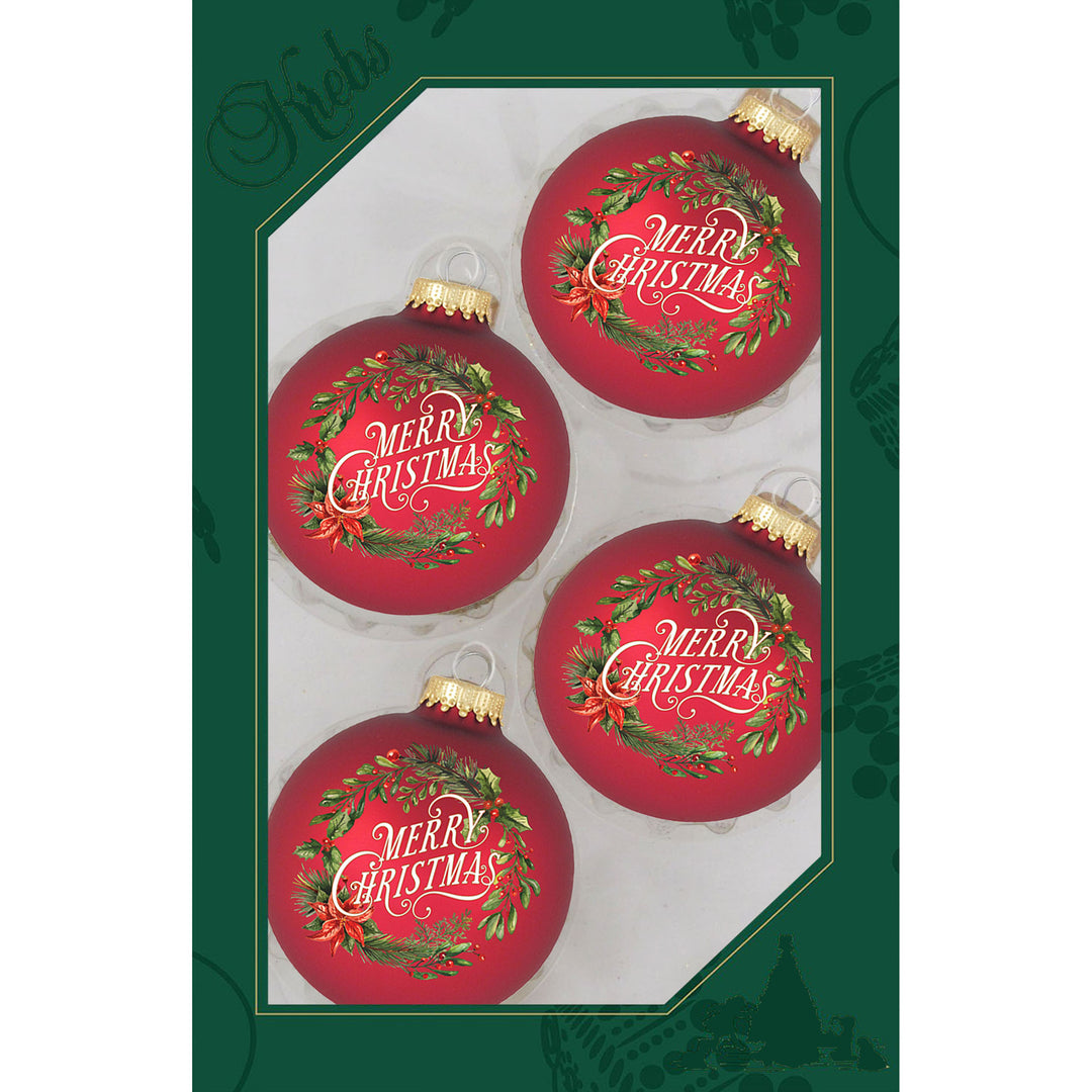 2 5/8" (67mm) Glass Ball Ornaments, Red Velvet with Merry Christmas Wreath, 4/Box, 12/Case, 48 Pieces