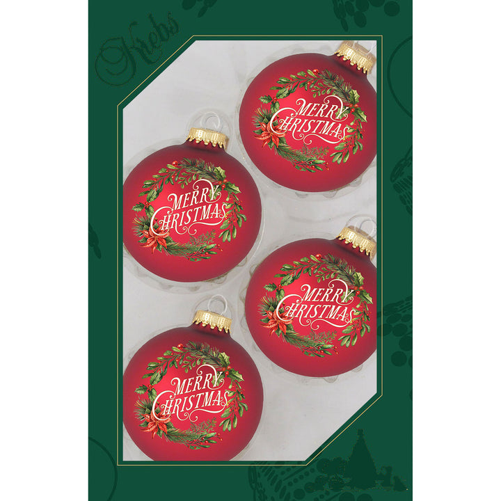 2 5/8" (67mm) Glass Ball Ornaments, Red Velvet with Merry Christmas Wreath, 4/Box, 12/Case, 48 Pieces