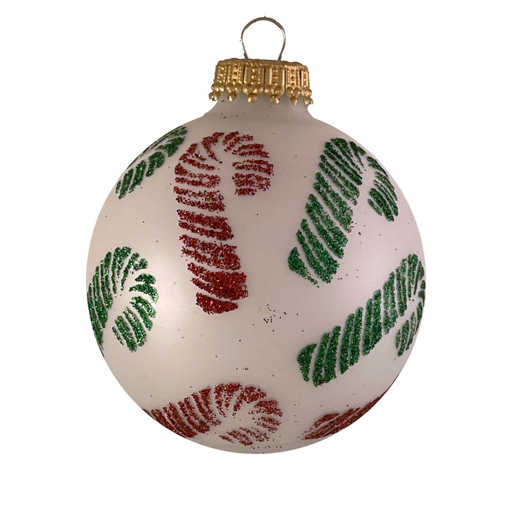 2 5/8" (67mm) Glass Ball Ornaments, Classic White with Candy Canes, 4/Box, 12/Case, 48 Pieces