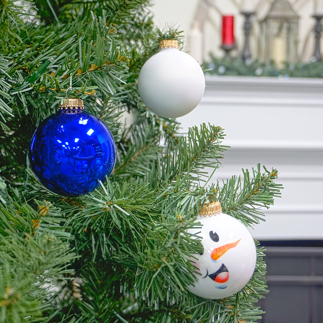 2 5/8" (67mm) Blue/White Glass Ball Trimset Decorated with with Snowman Face , 12/Box, 12/Case, 144 Pieces